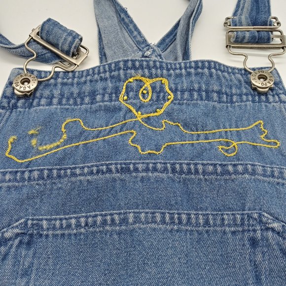 Agapo Embroidered Denim Overalls Small Metal Buttons Capri Pockets Distressed - Picture 4 of 12
